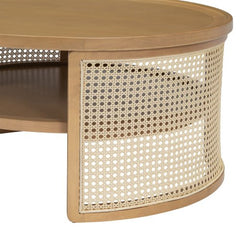Bellemave® 2 - Tiered Round Natural Wood Coffee Table with Storage Rattan Base - Bellemave