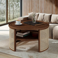 Bellemave® 2 - Tiered Round Natural Wood Coffee Table with Storage Rattan Base - Bellemave