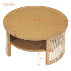 Bellemave® 2 - Tiered Round Natural Wood Coffee Table with Storage Rattan Base - Bellemave