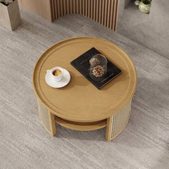 Bellemave® 2 - Tiered Round Natural Wood Coffee Table with Storage Rattan Base - Bellemave
