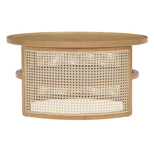 Bellemave® 2 - Tiered Round Natural Wood Coffee Table with Storage Rattan Base - Bellemave
