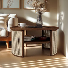 Bellemave® 2 - Tiered Round Natural Wood Coffee Table with Storage Rattan Base - Bellemave