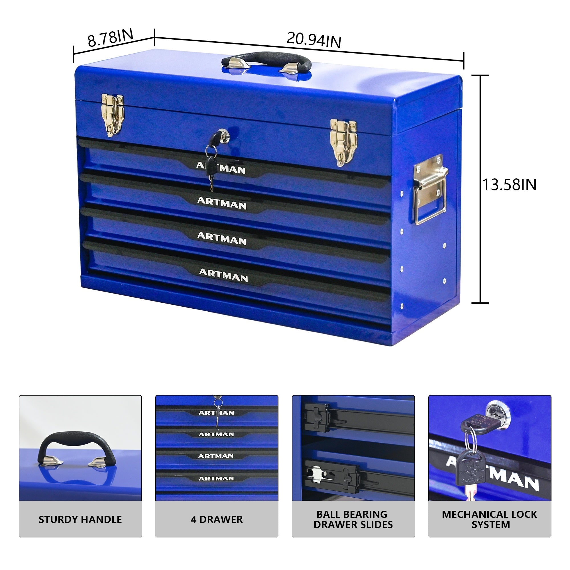 Bellemave® 20 - inch Steel Portable Tool Box With Drawers - Tool Storage Box Organizer With Metal Lock Closure Device - Powder - coated Tool Storage Cabinet - Bellemave