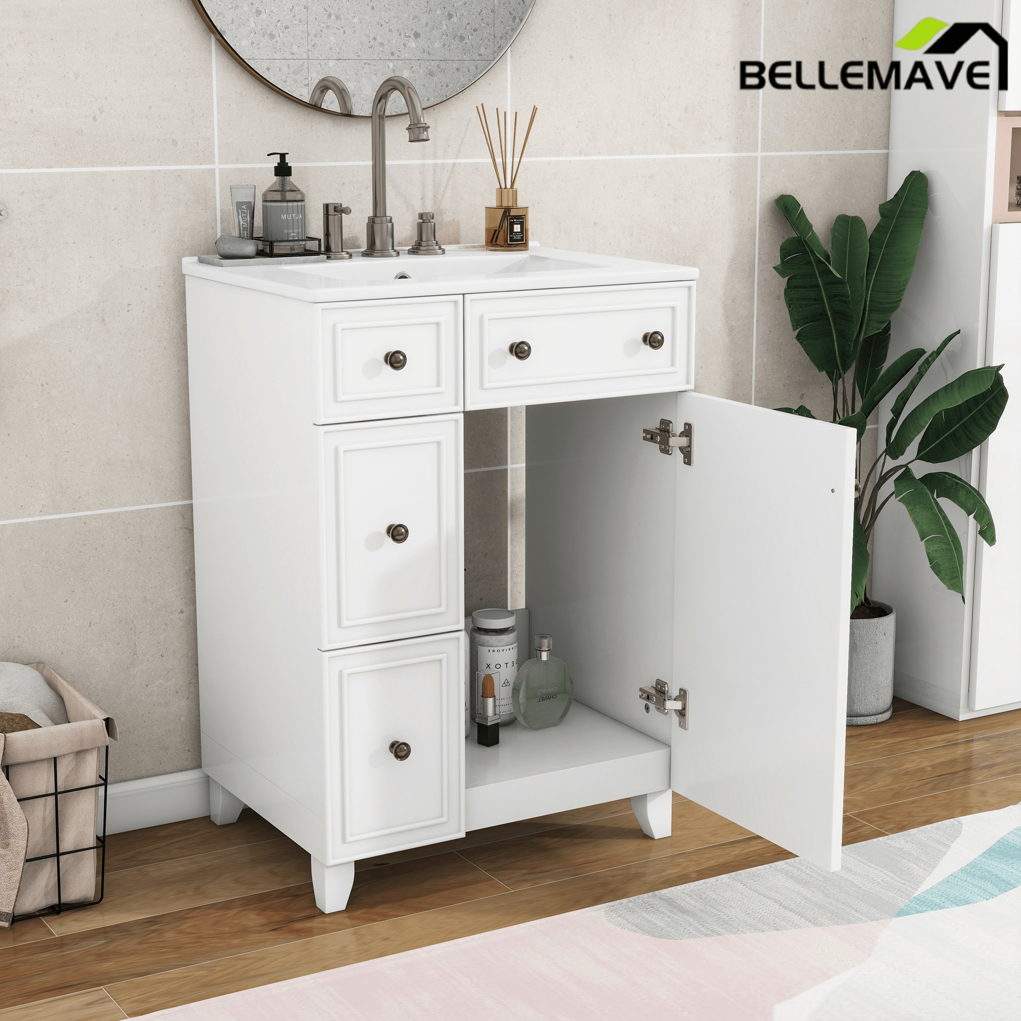 Bellemave® 24'' Bathroom Vanity Cabinet with Ceramic Sink, 2 Drawers, 1 Door - Bellemave
