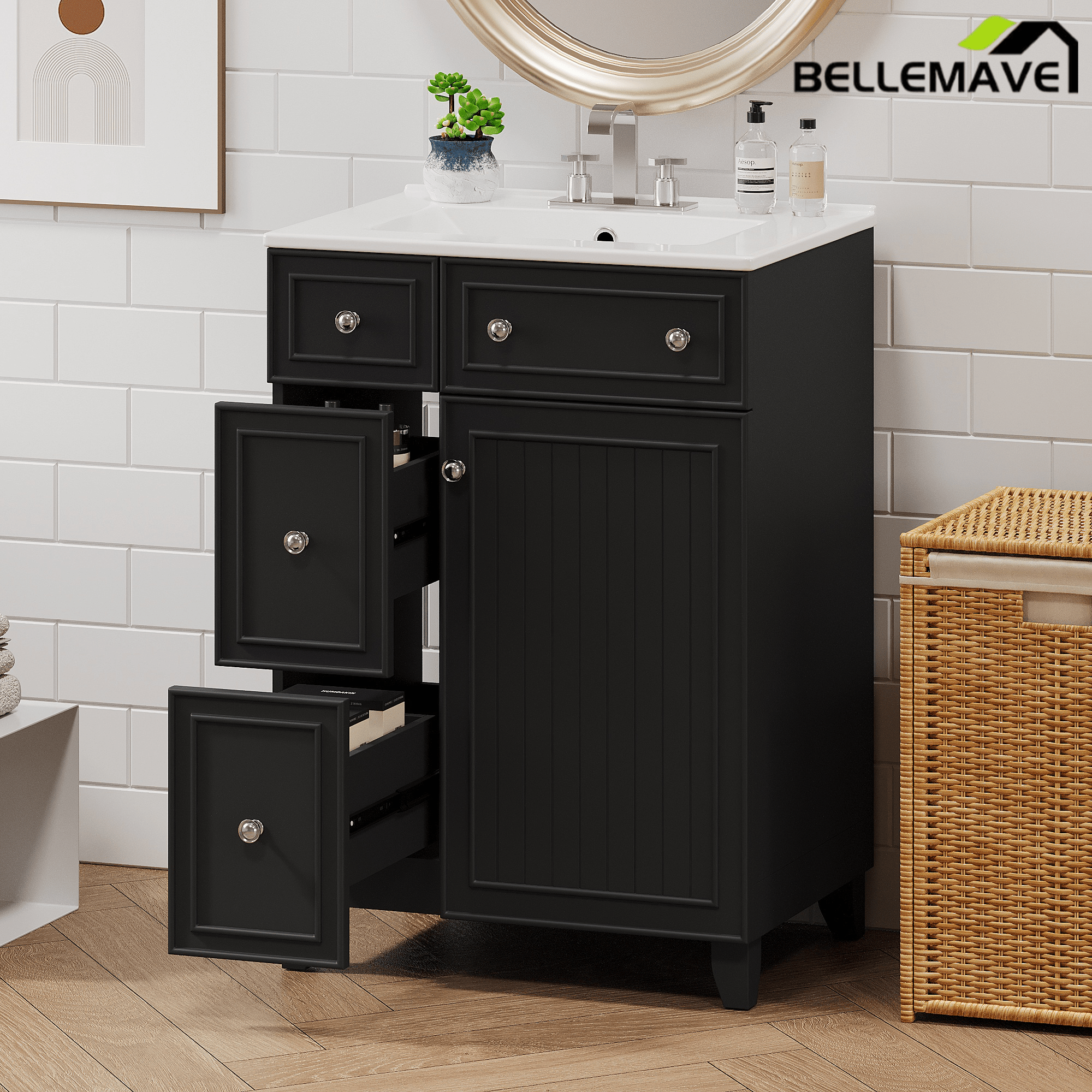 Bellemave® 24'' Bathroom Vanity Cabinet with Ceramic Sink, 2 Drawers, 1 Door - Bellemave