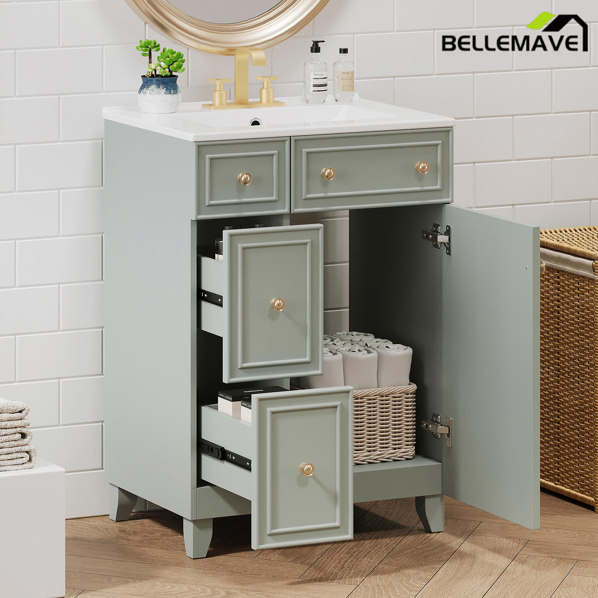 Bellemave® 24'' Bathroom Vanity Cabinet with Ceramic Sink, 2 Drawers, 1 Door - Bellemave