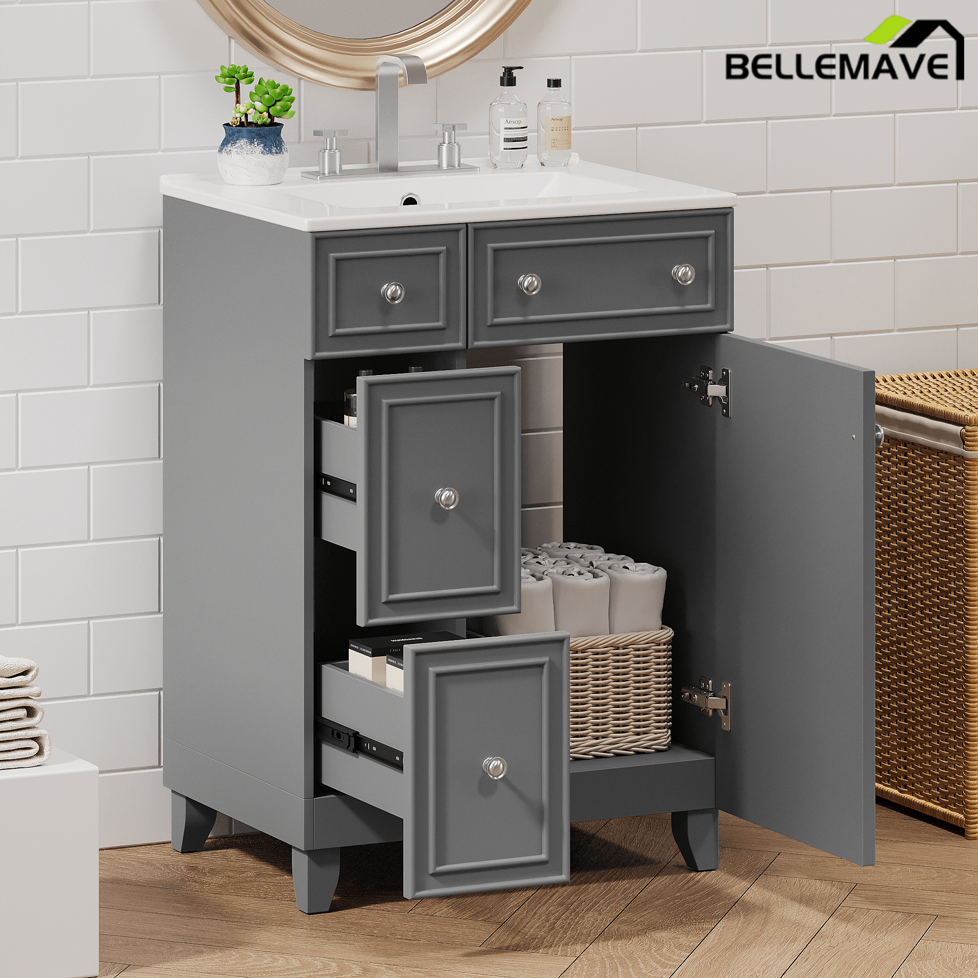 Bellemave® 24'' Bathroom Vanity Cabinet with Ceramic Sink, 2 Drawers, 1 Door - Bellemave