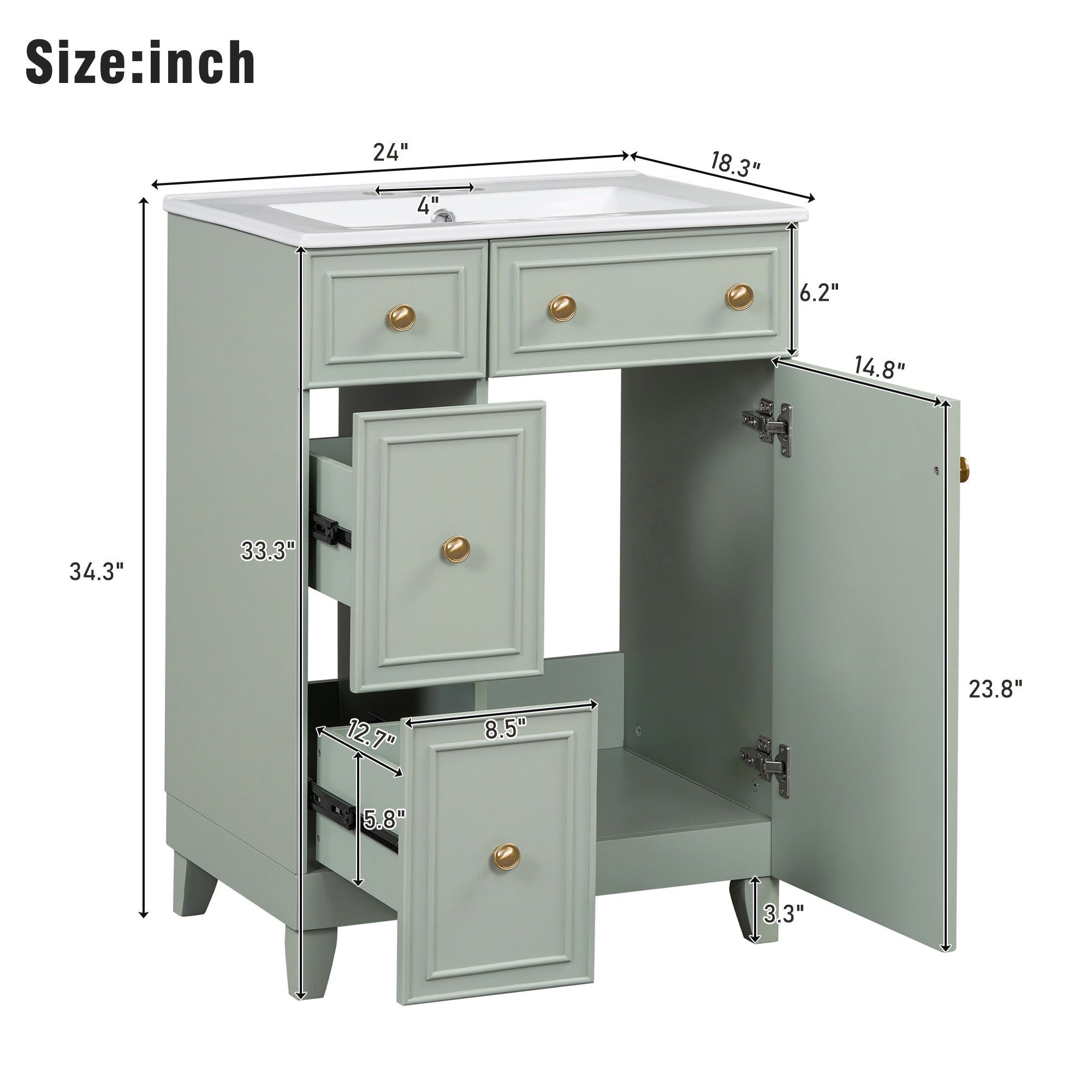 Bellemave® 24'' Bathroom Vanity Cabinet with Ceramic Sink, 2 Drawers, 1 Door - Bellemave
