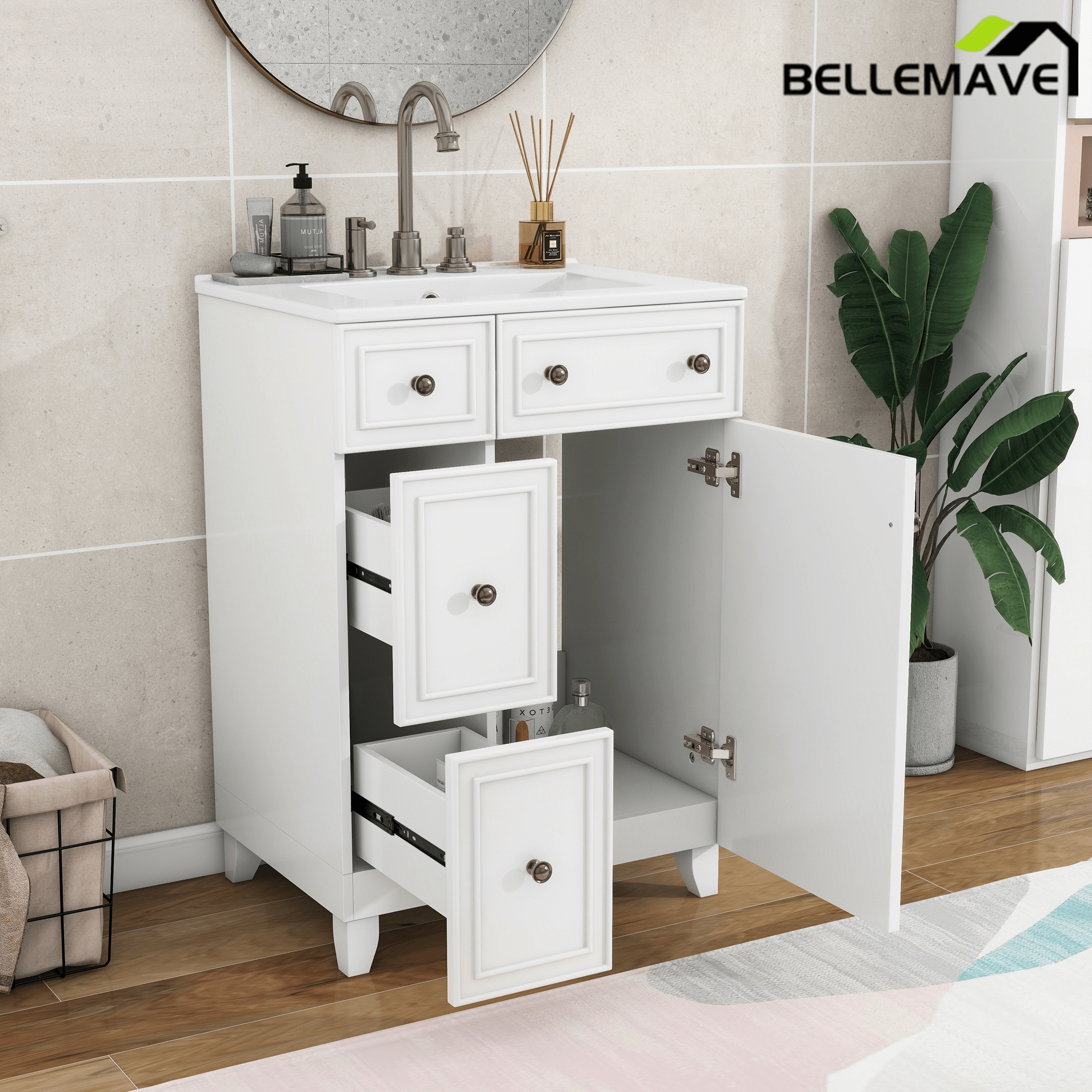 Bellemave® 24'' Bathroom Vanity Cabinet with Ceramic Sink, 2 Drawers, 1 Door - Bellemave