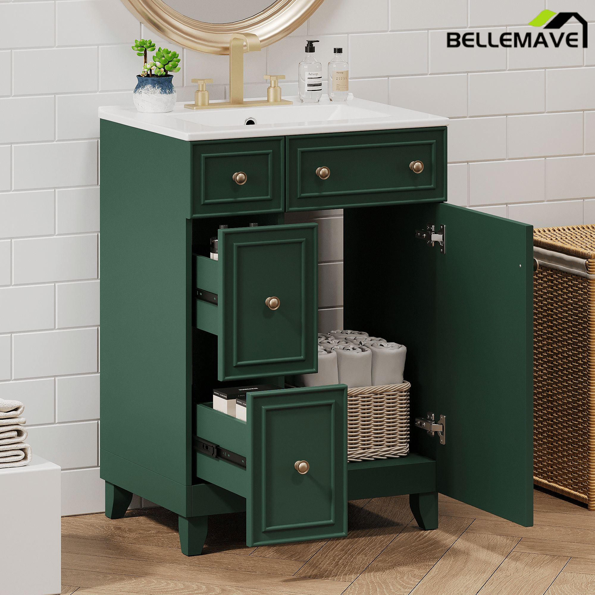 Bellemave® 24'' Bathroom Vanity Cabinet with Ceramic Sink, 2 Drawers, 1 Door - Bellemave