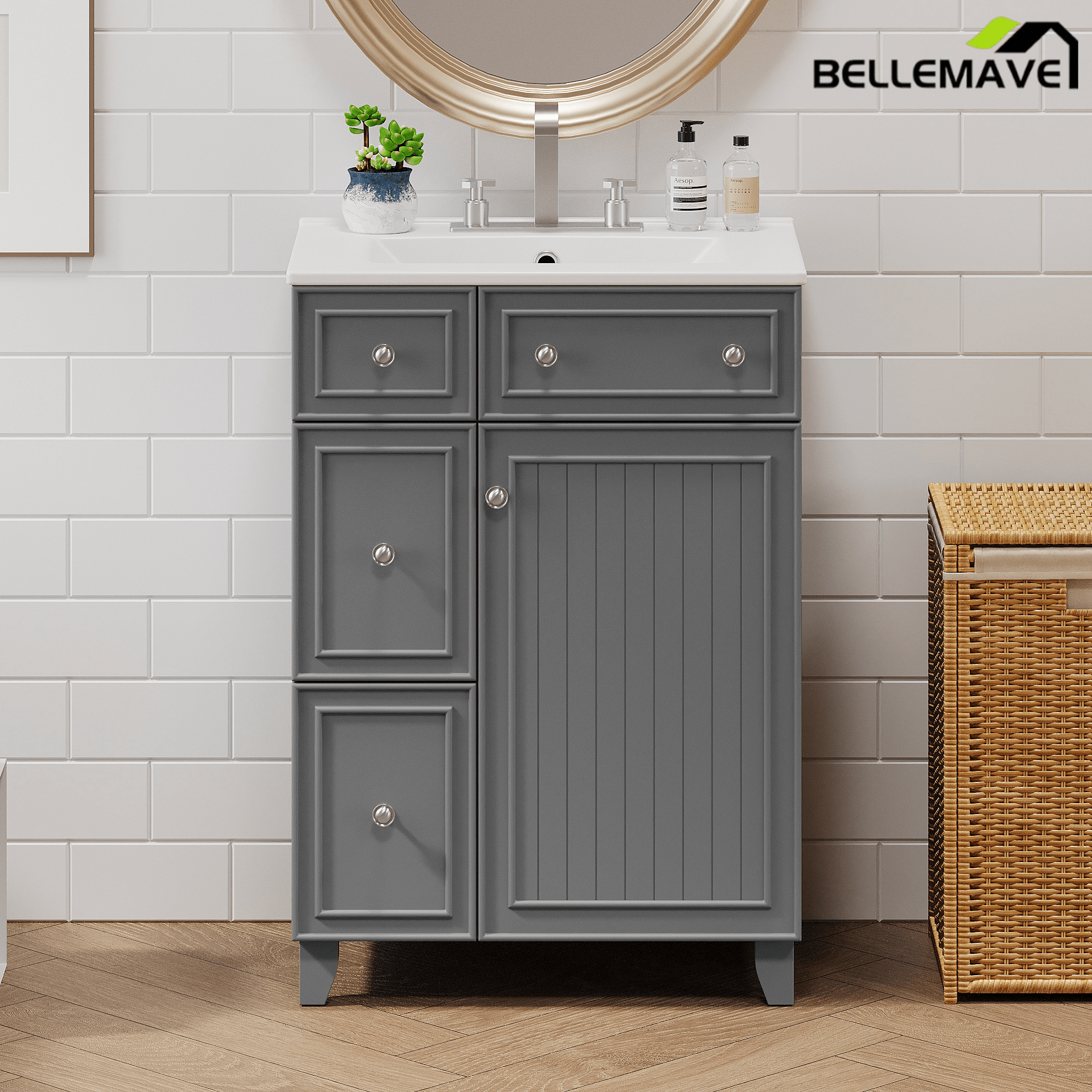 Bellemave® 24'' Bathroom Vanity Cabinet with Ceramic Sink, 2 Drawers, 1 Door - Bellemave