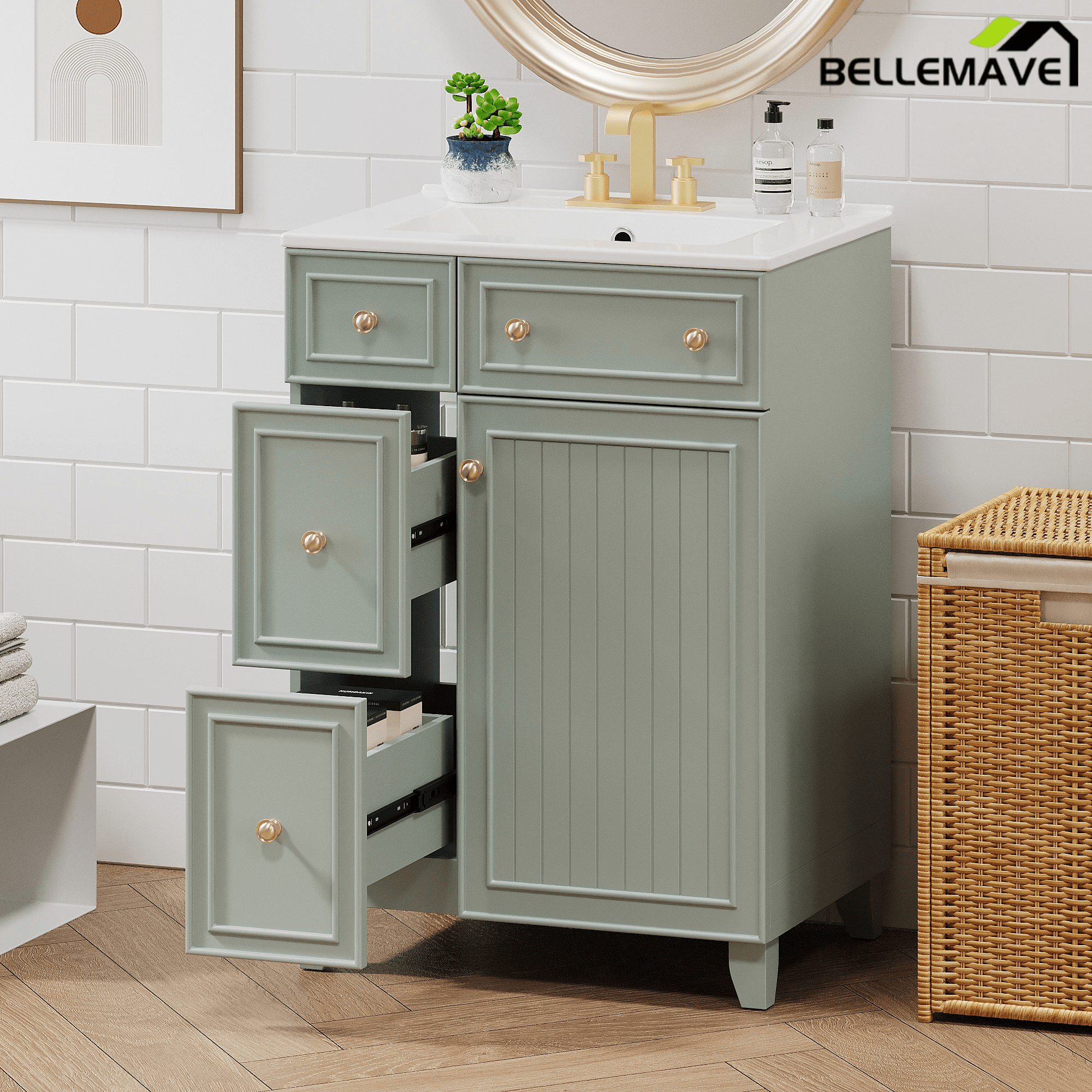 Bellemave® 24'' Bathroom Vanity Cabinet with Ceramic Sink, 2 Drawers, 1 Door - Bellemave