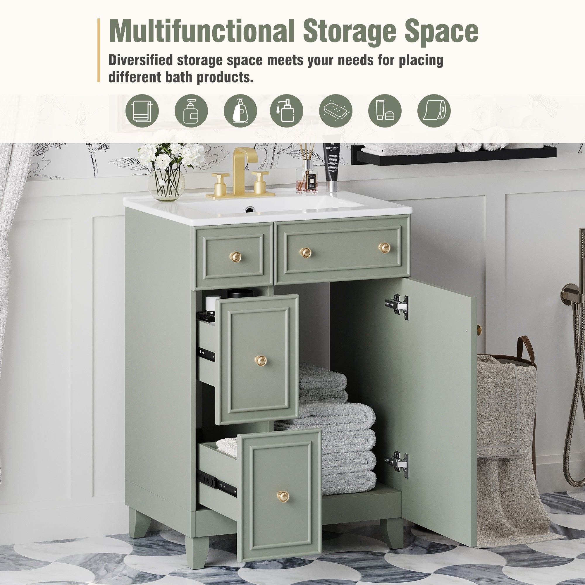 Bellemave® 24'' Bathroom Vanity Cabinet with Ceramic Sink, 2 Drawers, 1 Door - Bellemave