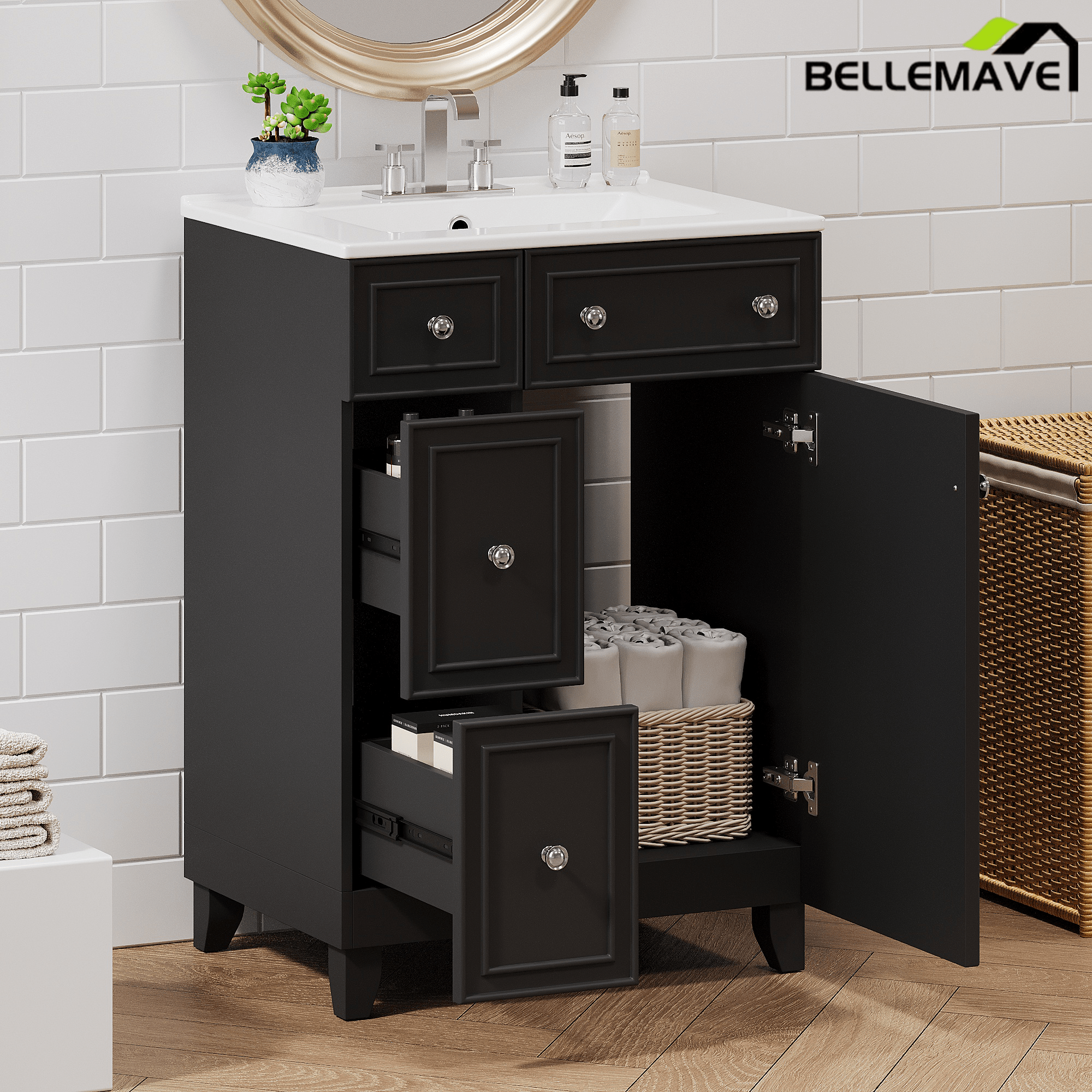 Bellemave® 24'' Bathroom Vanity Cabinet with Ceramic Sink, 2 Drawers, 1 Door - Bellemave