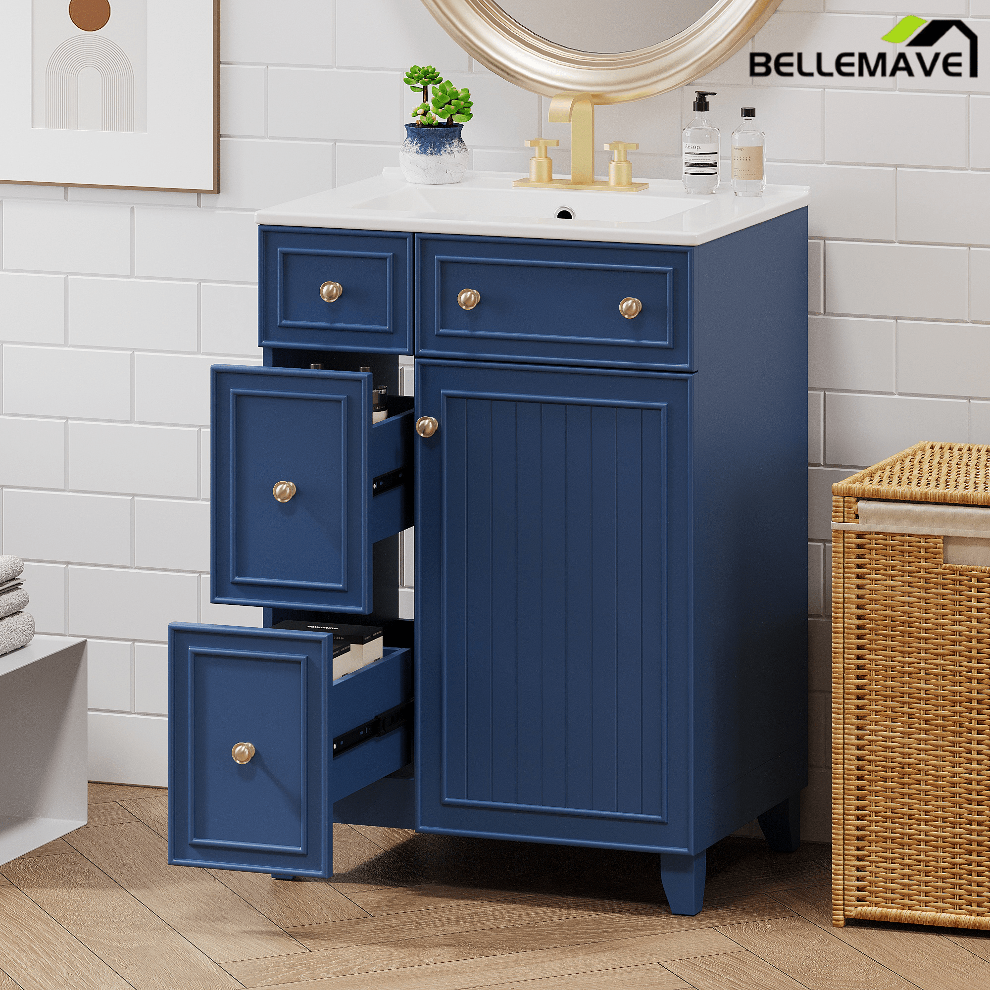 Bellemave® 24'' Bathroom Vanity Cabinet with Ceramic Sink, 2 Drawers, 1 Door - Bellemave