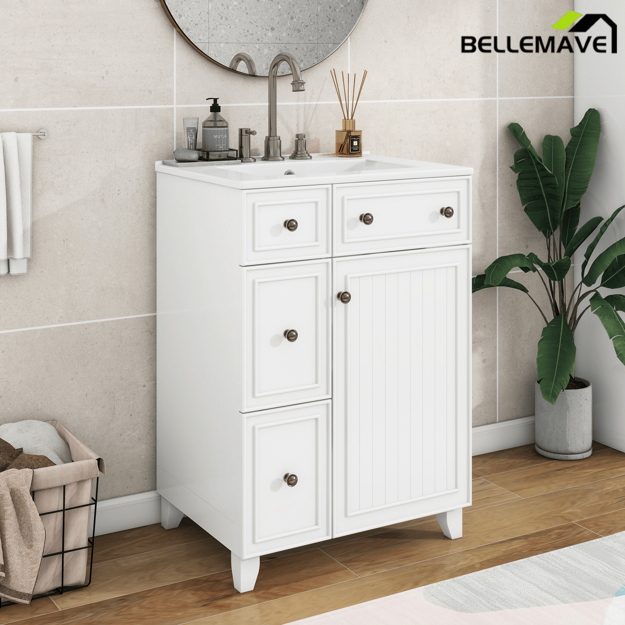 Bellemave® 24'' Bathroom Vanity Cabinet with Ceramic Sink, 2 Drawers, 1 Door - Bellemave