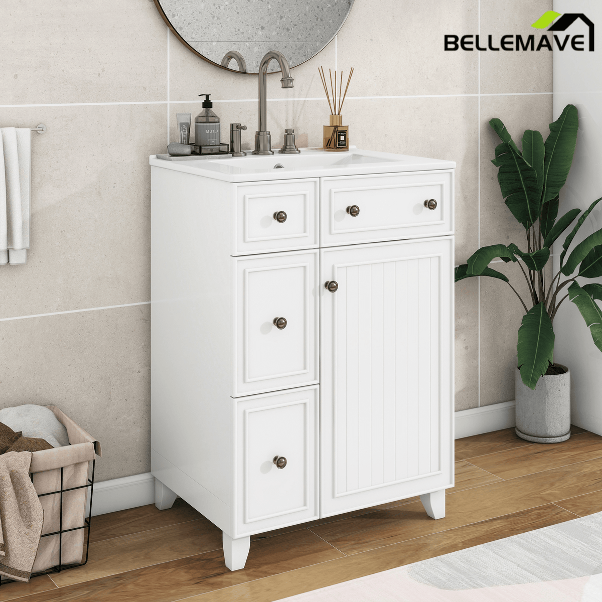Bellemave® 24'' Bathroom Vanity Cabinet with Ceramic Sink, 2 Drawers, 1 Door - Bellemave