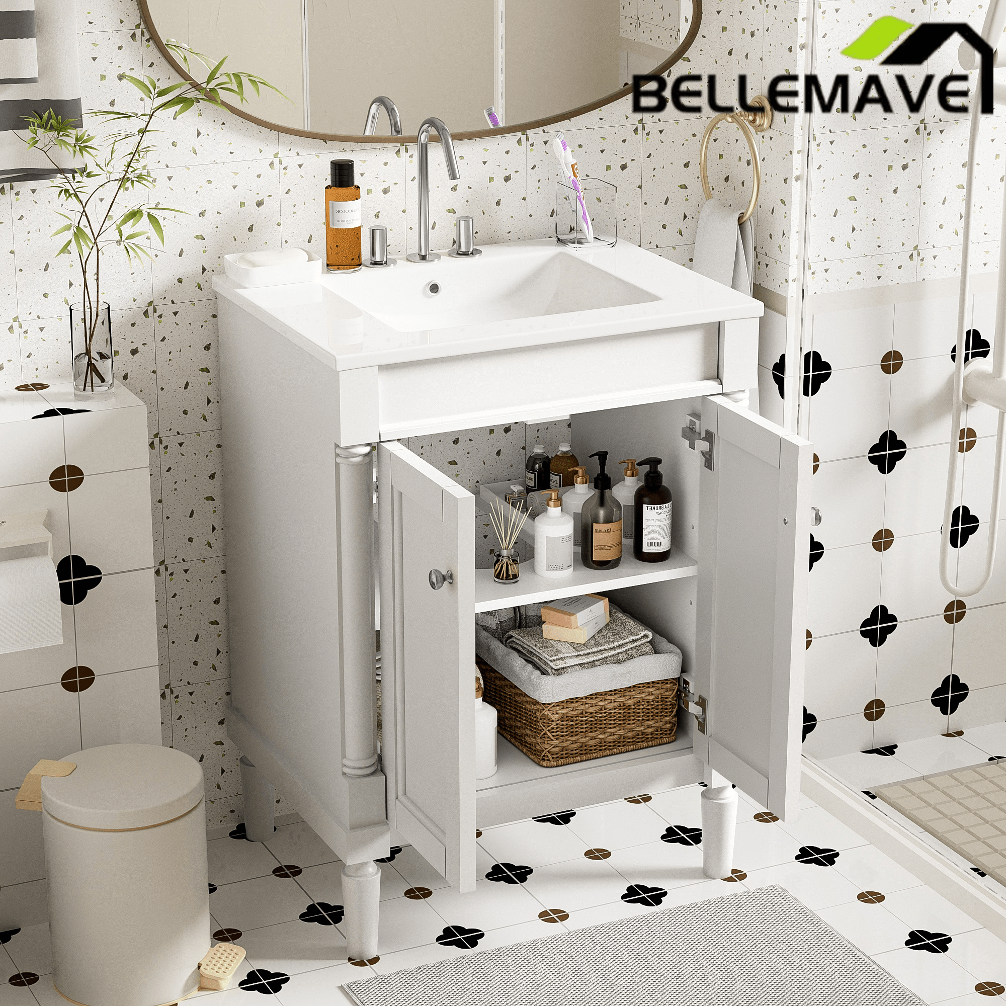 Bellemave® 24" Bathroom Vanity with Sink, Powder Room Small Bathroom Vanity with 2 - Door Cabinet, Solid Wood Frame Bathroom Storage Cabinet - Bellemave