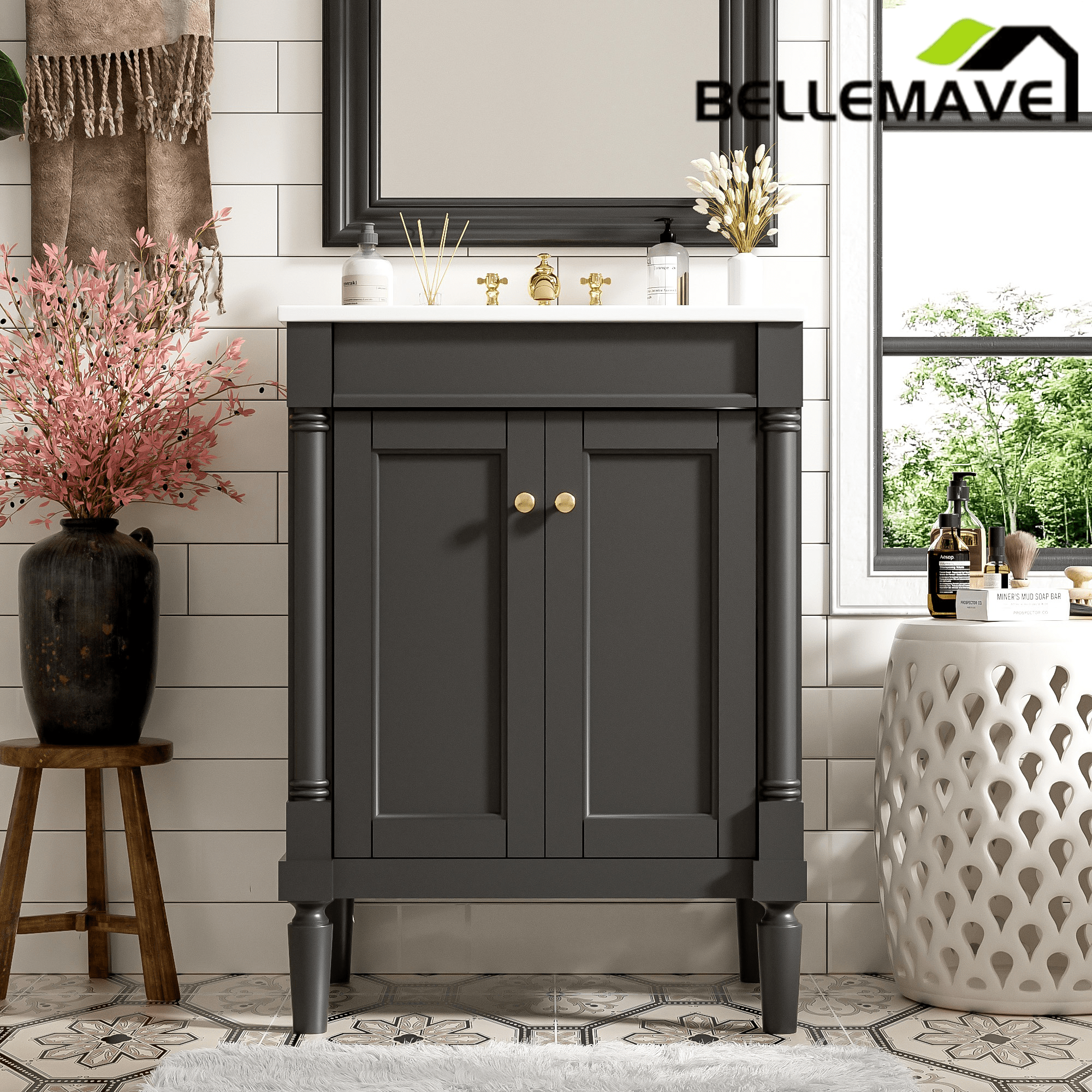 Bellemave® 24" Bathroom Vanity with Sink, Powder Room Small Bathroom Vanity with 2 - Door Cabinet, Solid Wood Frame Bathroom Storage Cabinet - Bellemave