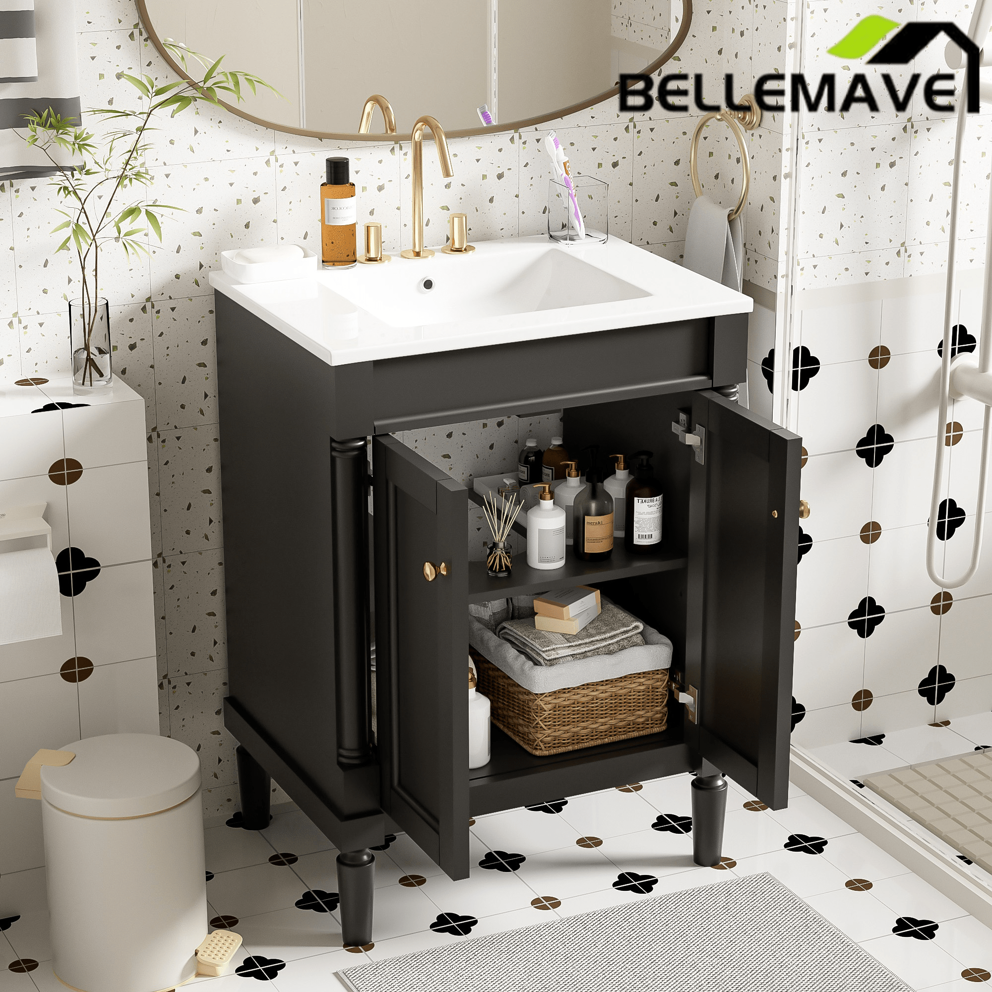 Bellemave® 24" Bathroom Vanity with Sink, Powder Room Small Bathroom Vanity with 2 - Door Cabinet, Solid Wood Frame Bathroom Storage Cabinet - Bellemave
