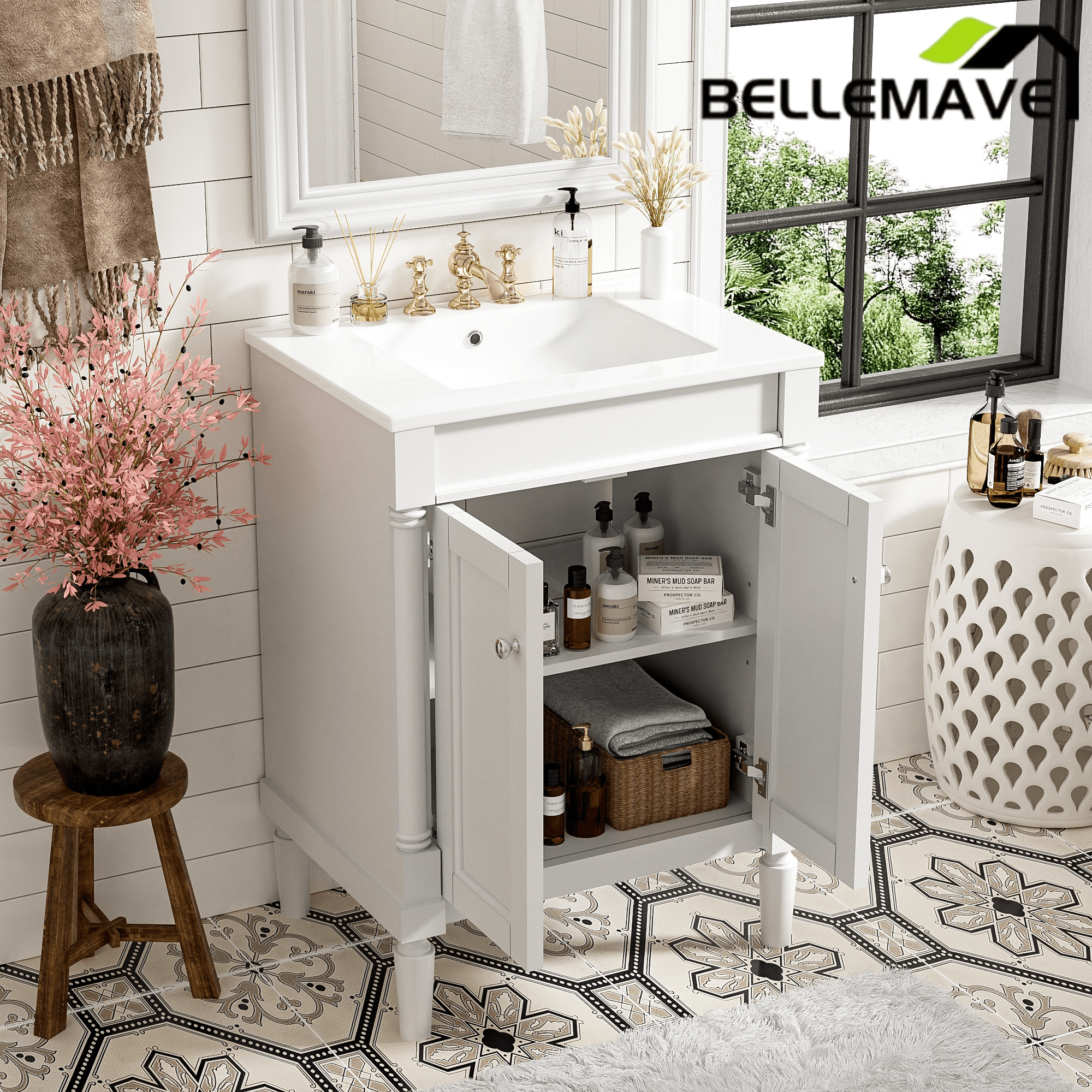 Bellemave® 24" Bathroom Vanity with Sink, Powder Room Small Bathroom Vanity with 2 - Door Cabinet, Solid Wood Frame Bathroom Storage Cabinet - Bellemave