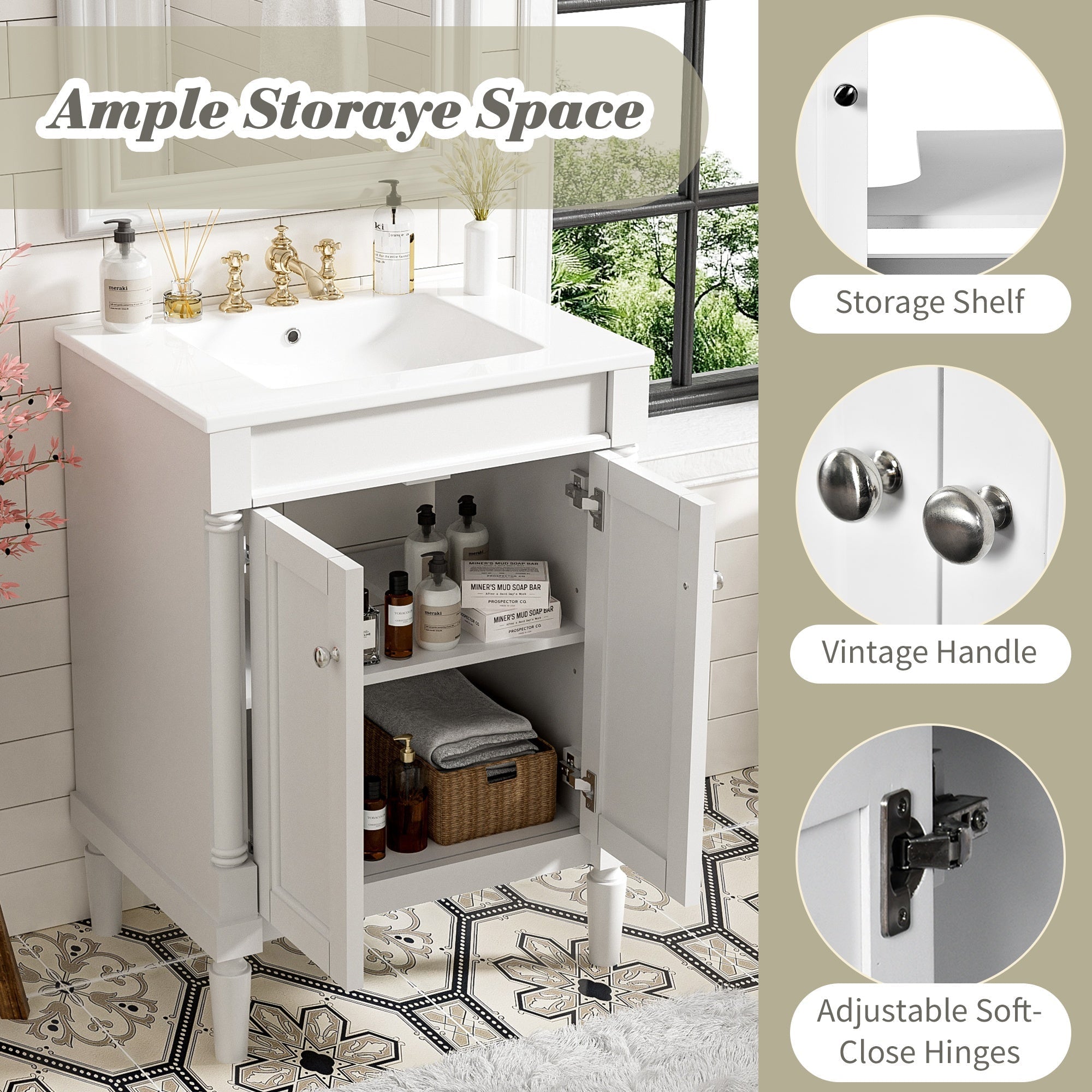 Bellemave® 24" Bathroom Vanity with Sink, Powder Room Small Bathroom Vanity with 2 - Door Cabinet, Solid Wood Frame Bathroom Storage Cabinet - Bellemave