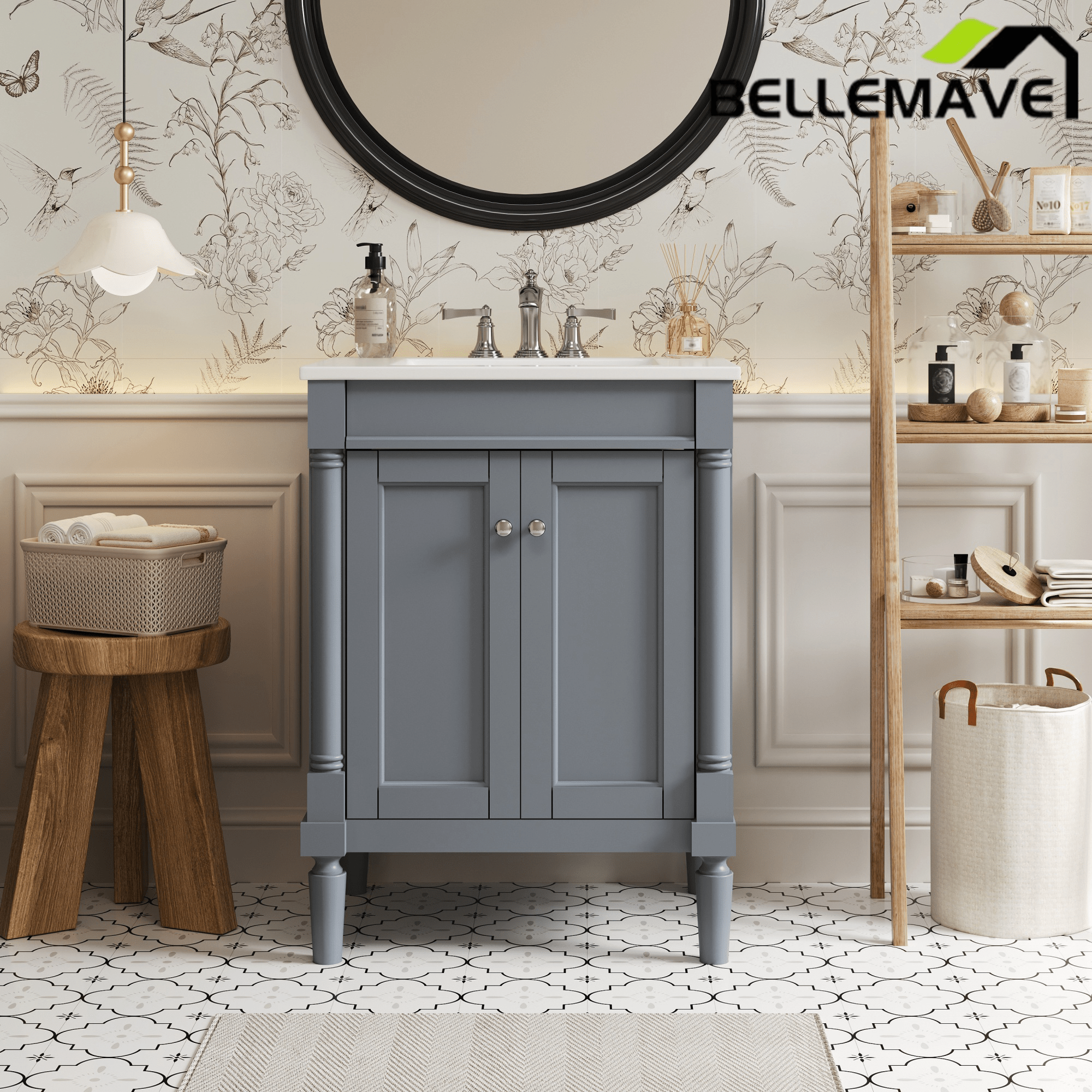 Bellemave® 24" Bathroom Vanity with Sink, Powder Room Small Bathroom Vanity with 2 - Door Cabinet, Solid Wood Frame Bathroom Storage Cabinet - Bellemave