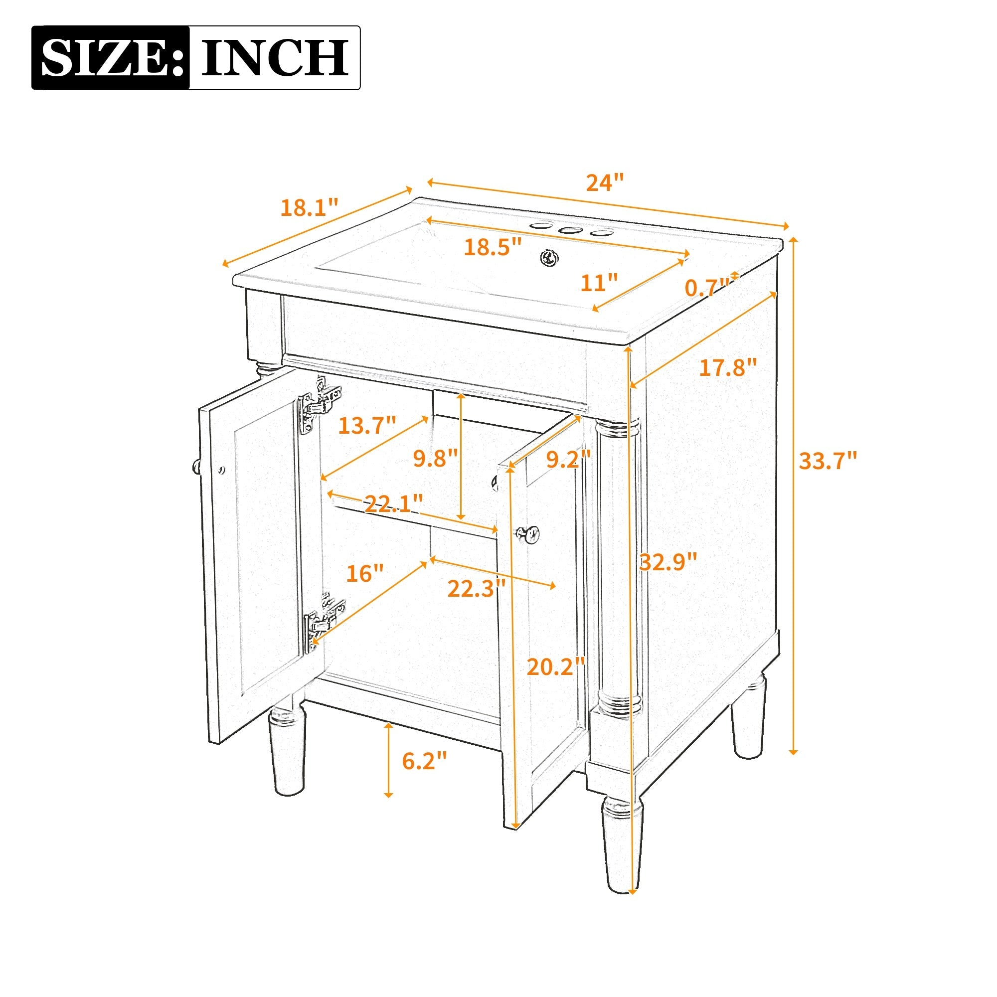 Bellemave® 24" Bathroom Vanity with Sink, Powder Room Small Bathroom Vanity with 2 - Door Cabinet, Solid Wood Frame Bathroom Storage Cabinet - Bellemave