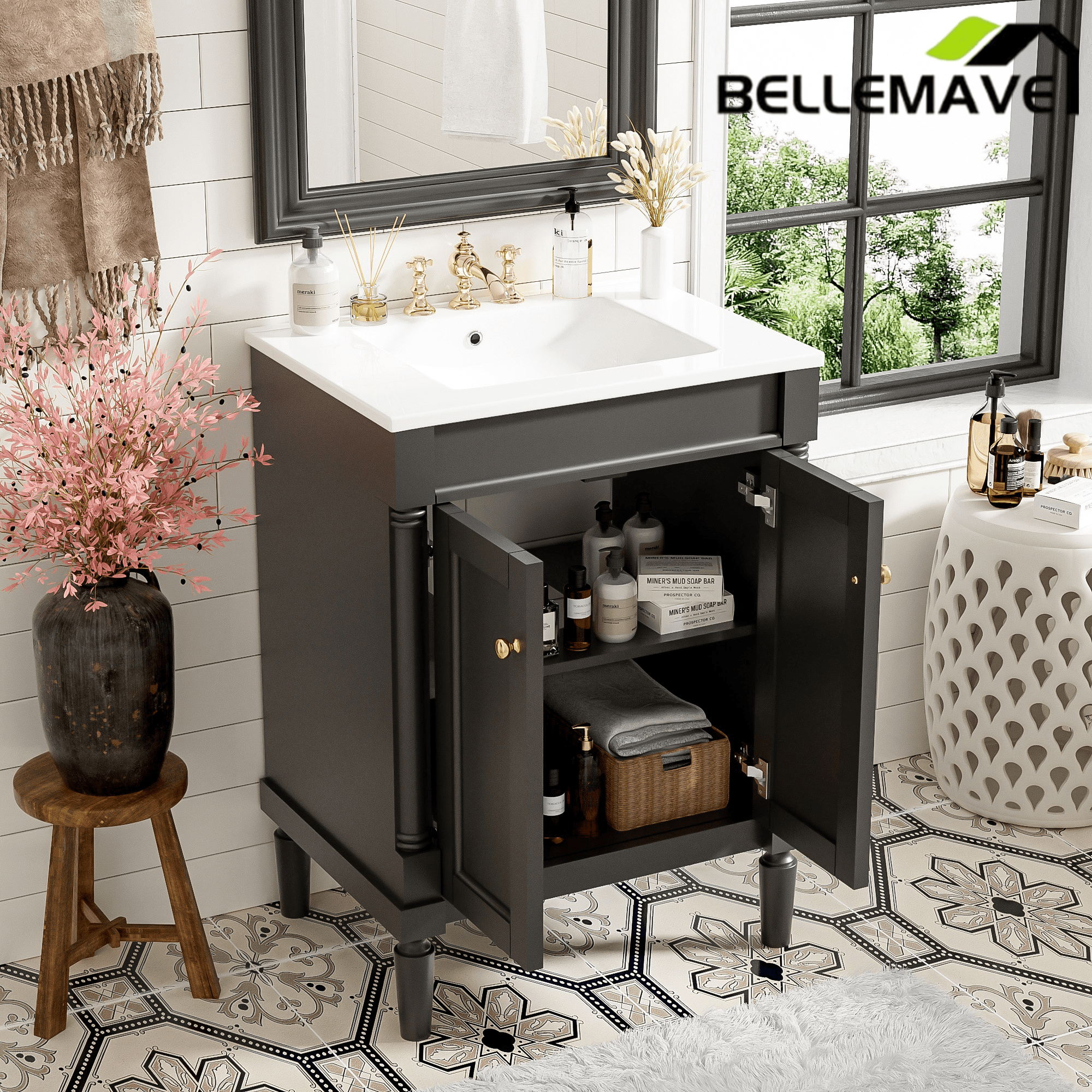 Bellemave® 24" Bathroom Vanity with Sink, Powder Room Small Bathroom Vanity with 2 - Door Cabinet, Solid Wood Frame Bathroom Storage Cabinet - Bellemave