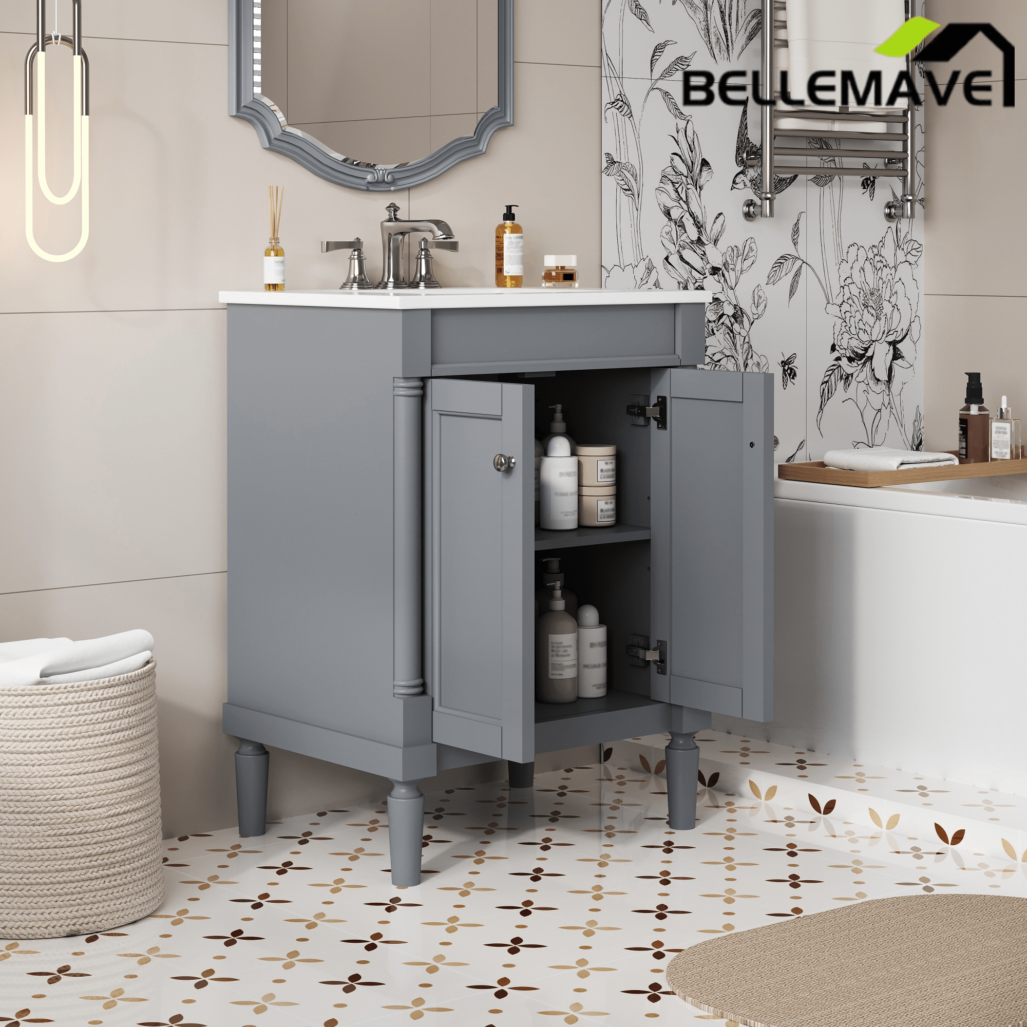 Bellemave® 24" Bathroom Vanity with Sink, Powder Room Small Bathroom Vanity with 2 - Door Cabinet, Solid Wood Frame Bathroom Storage Cabinet - Bellemave