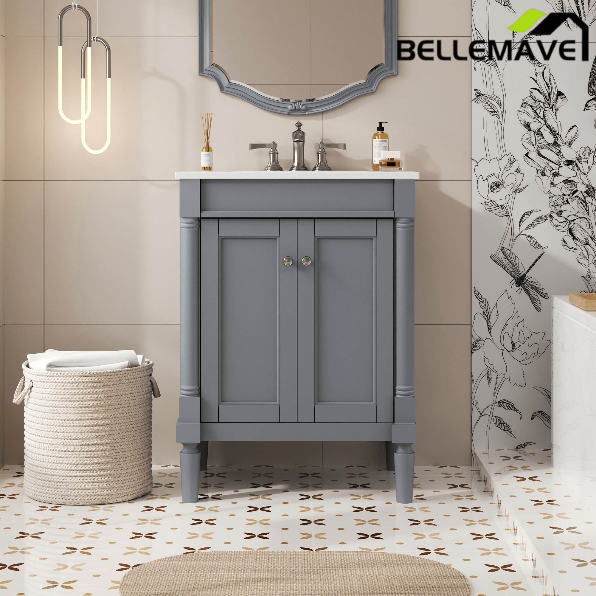 Bellemave® 24" Bathroom Vanity with Sink, Powder Room Small Bathroom Vanity with 2 - Door Cabinet, Solid Wood Frame Bathroom Storage Cabinet - Bellemave