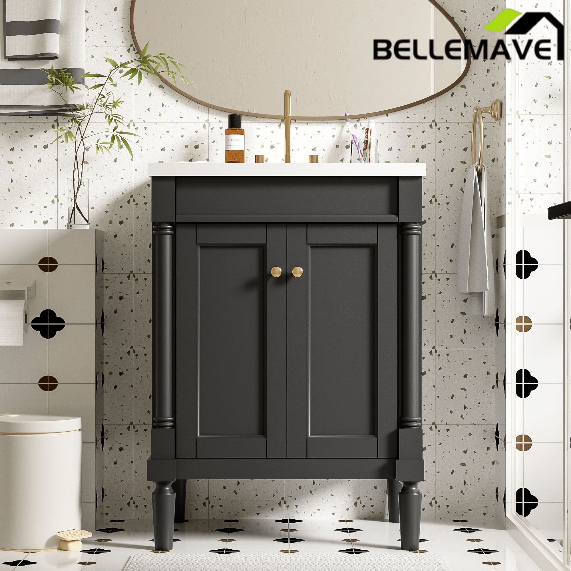 Bellemave® 24" Bathroom Vanity with Sink, Powder Room Small Bathroom Vanity with 2 - Door Cabinet, Solid Wood Frame Bathroom Storage Cabinet - Bellemave