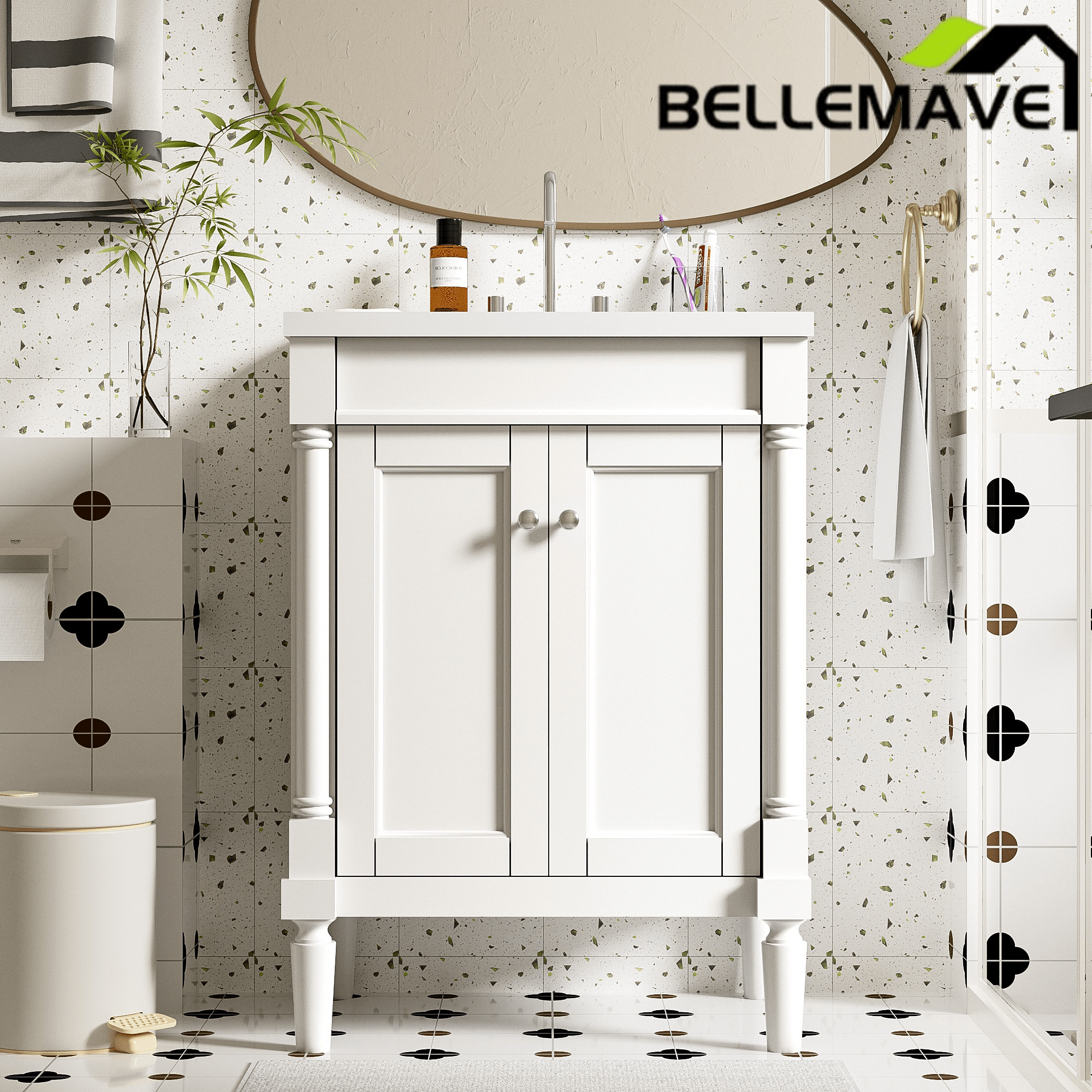 Bellemave® 24" Bathroom Vanity with Sink, Powder Room Small Bathroom Vanity with 2 - Door Cabinet, Solid Wood Frame Bathroom Storage Cabinet - Bellemave