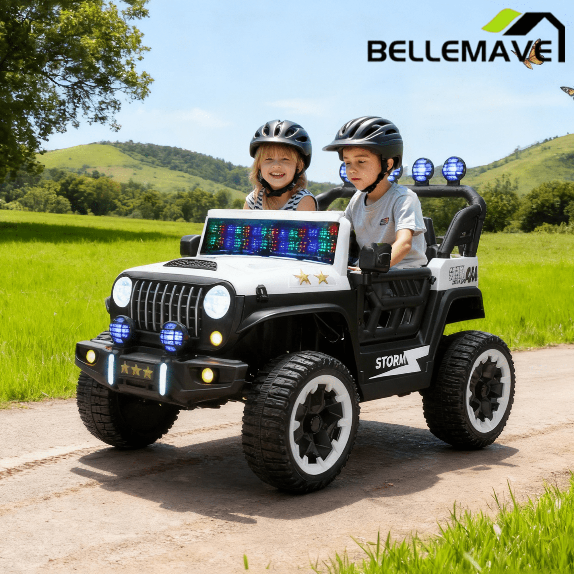 Bellemave® 24V Kids Ride On Car, 2 - Seater Electric Car with Remote Control, 4WD Motor, LED Lights, Adjustable Speed, USB & Music Player - Bellemave