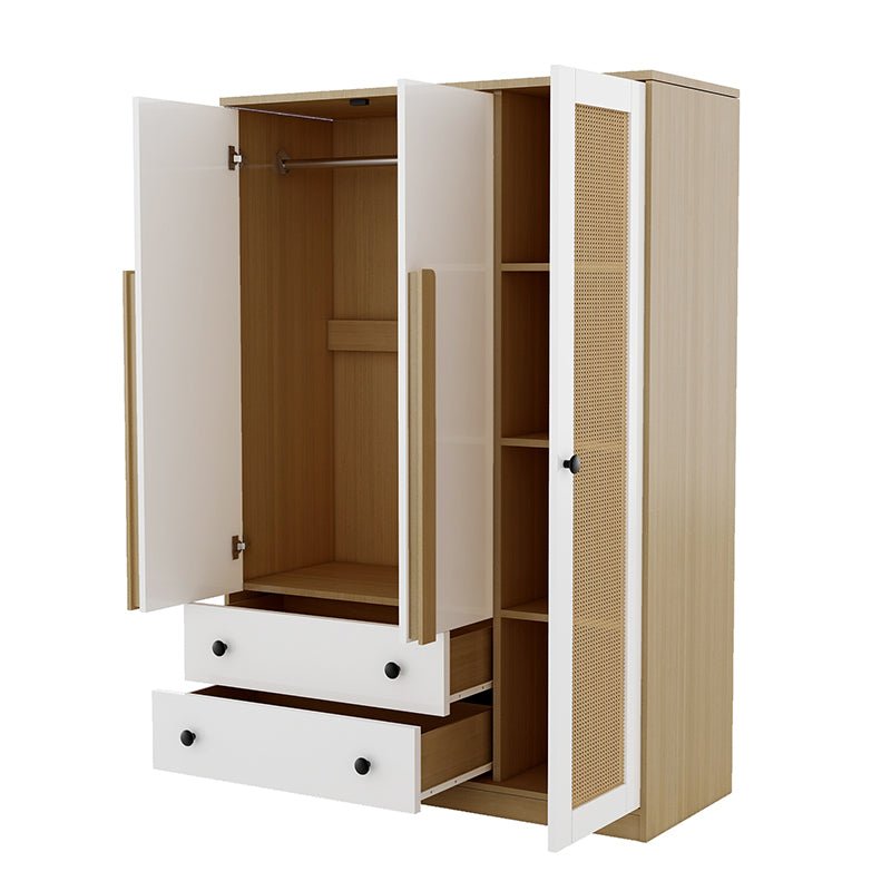 Bellemave® 3 - Doors Wooden Rattan Wardrobe Storage with 2 Drawers - Bellemave