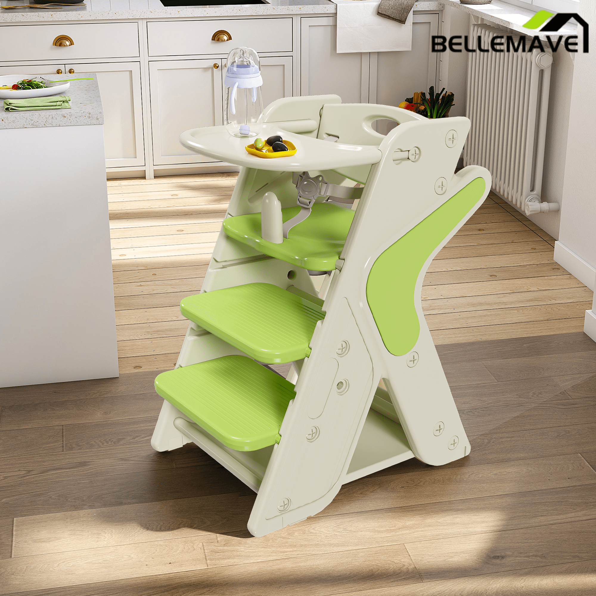 Bellemave® 3 - in - 1 Convertible Toddler Step Stool, Adjustable Height Toddler Tower, children's step stool with Safety Fence & Removable Dining Tray - Bellemave