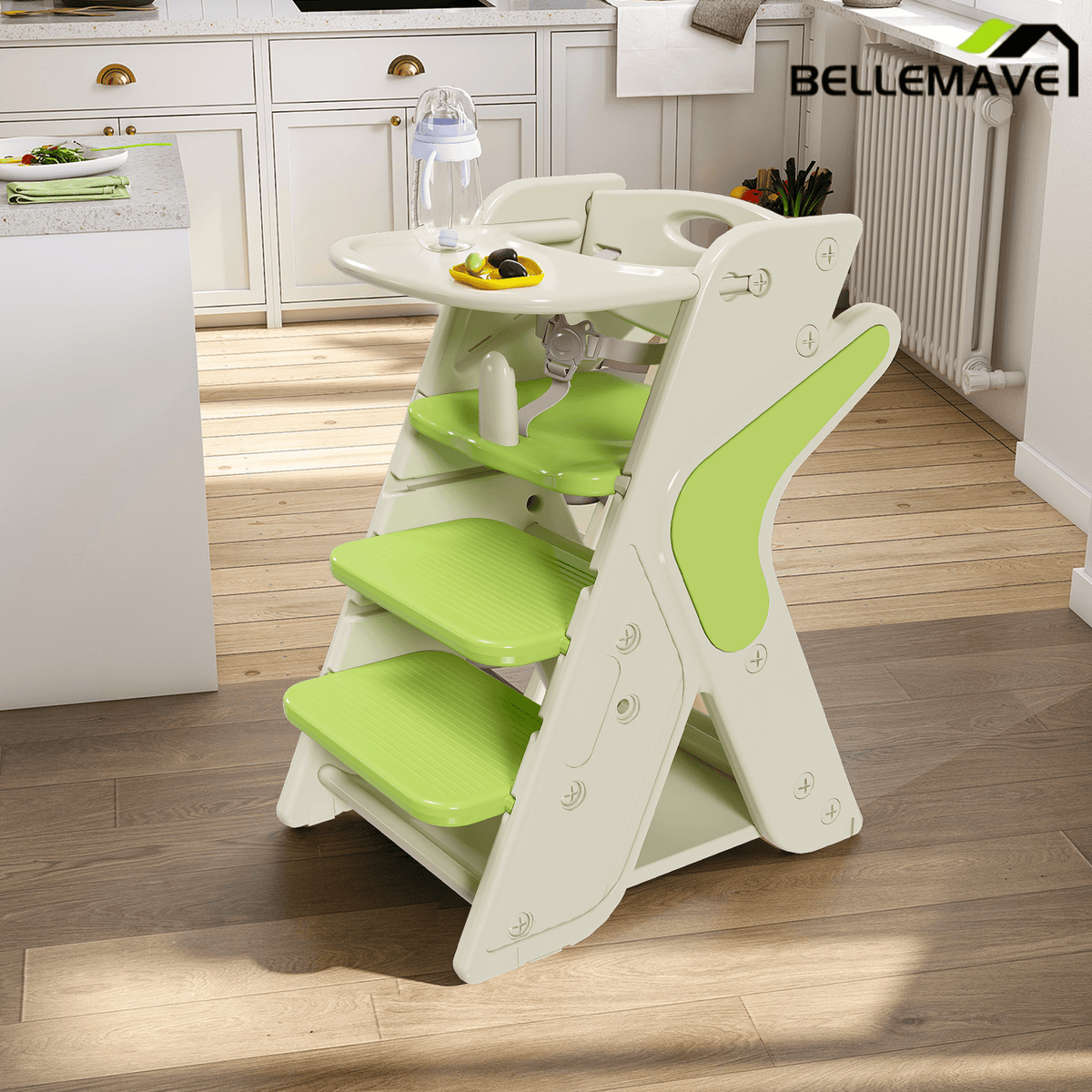 Bellemave® 3 - in - 1 Convertible Toddler Step Stool, Adjustable Height Toddler Tower, children's step stool with Safety Fence & Removable Dining Tray - Bellemave