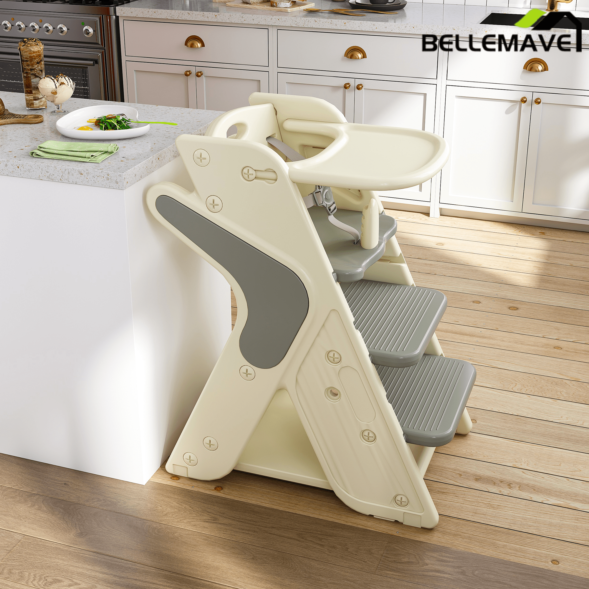 Bellemave® 3 - in - 1 Convertible Toddler Step Stool, Adjustable Height Toddler Tower, children's step stool with Safety Fence & Removable Dining Tray - Bellemave
