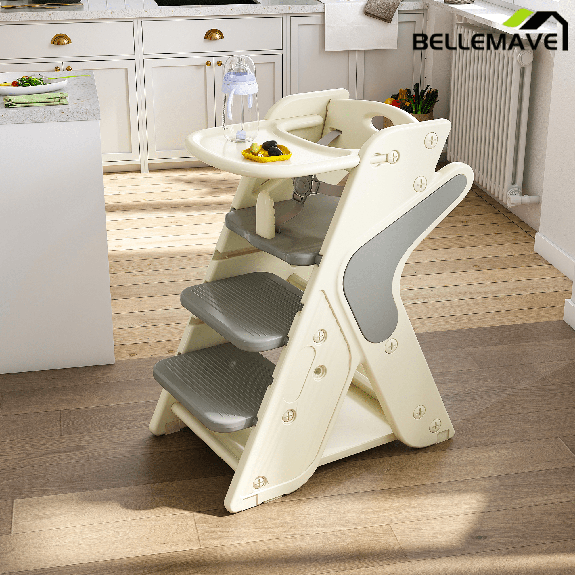 Bellemave® 3 - in - 1 Convertible Toddler Step Stool, Adjustable Height Toddler Tower, children's step stool with Safety Fence & Removable Dining Tray - Bellemave