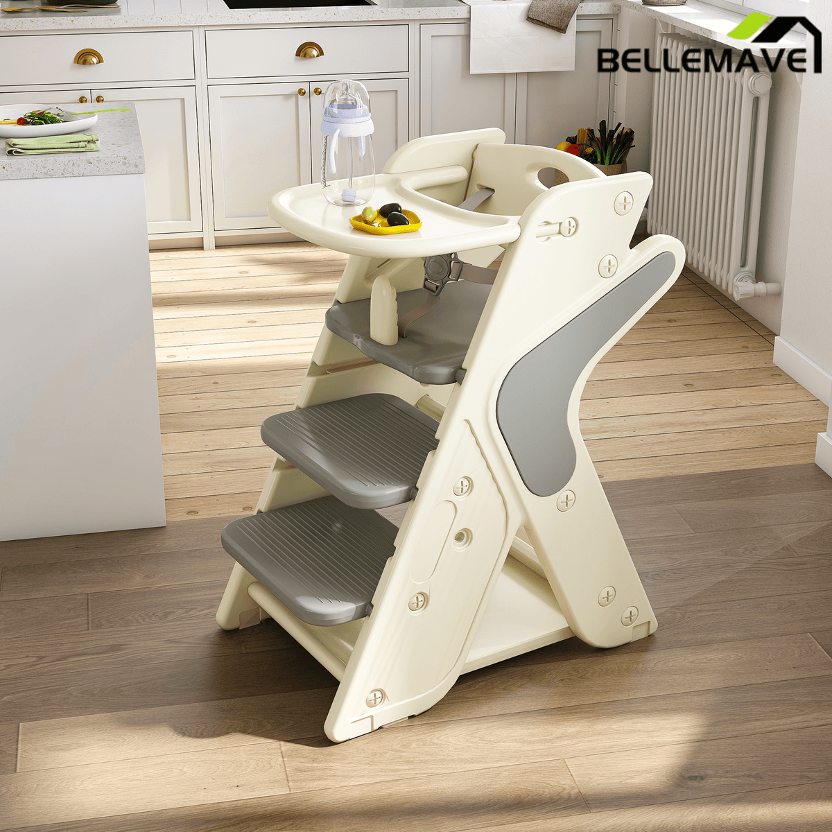 Bellemave® 3 - in - 1 Convertible Toddler Step Stool, Adjustable Height Toddler Tower, children's step stool with Safety Fence & Removable Dining Tray - Bellemave