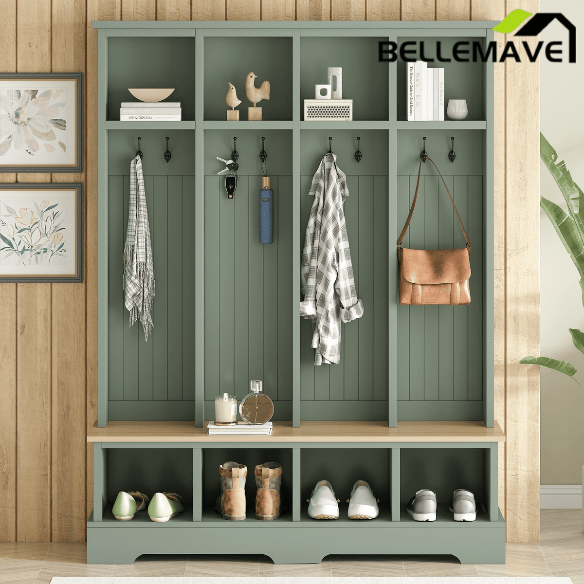 Bellemave® 3 - in - 1 Hall Tree with Bench, Shoe Storage, Coat Rack, Top Compartments & 8 Hooks for Hallway, Living Room - Bellemave