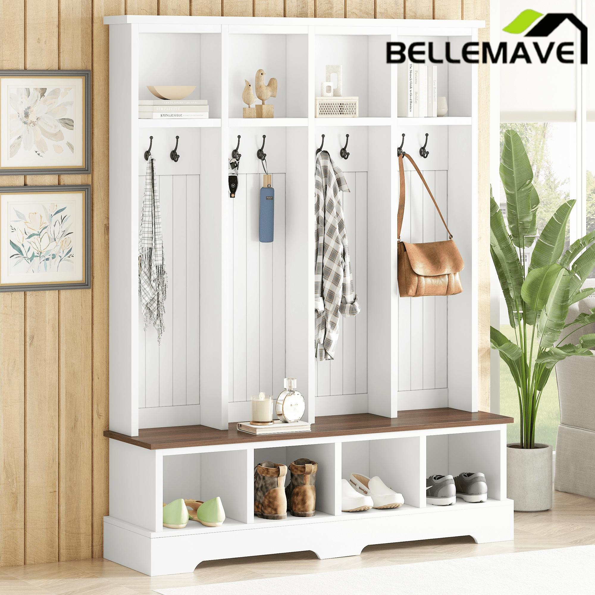 Bellemave® 3 - in - 1 Hall Tree with Bench, Shoe Storage, Coat Rack, Top Compartments & 8 Hooks for Hallway, Living Room - Bellemave
