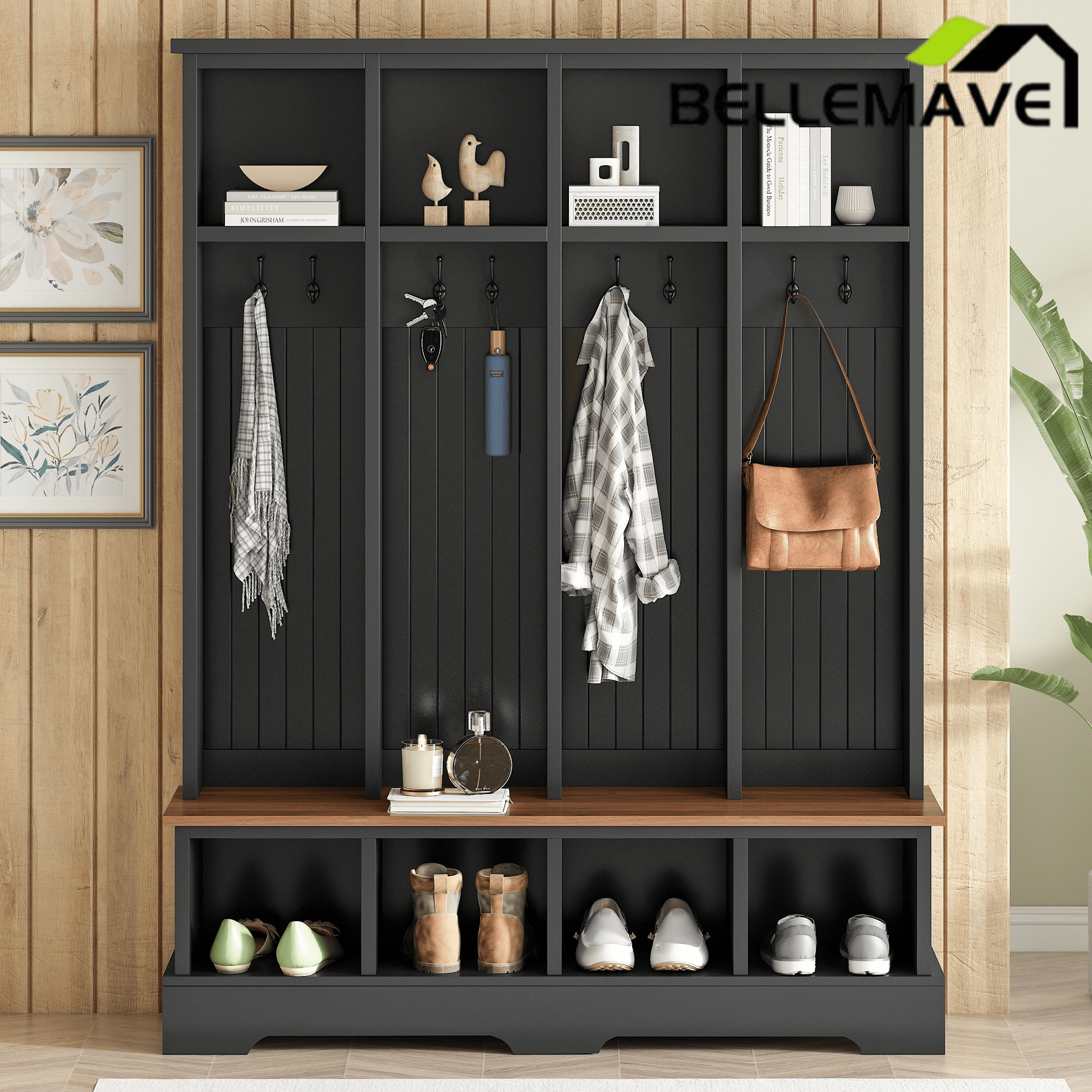 Bellemave® 3 - in - 1 Hall Tree with Bench, Shoe Storage, Coat Rack, Top Compartments & 8 Hooks for Hallway, Living Room - Bellemave