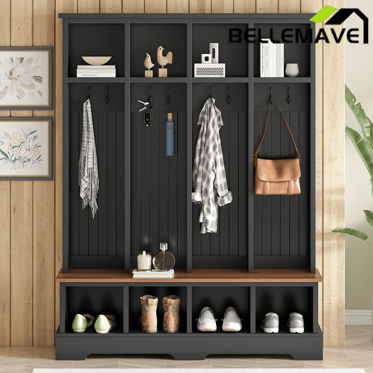 Bellemave® 3 - in - 1 Hall Tree with Bench, Shoe Storage, Coat Rack, Top Compartments & 8 Hooks for Hallway, Living Room - Bellemave