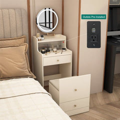 Bellemave® 3 in 1 Vanity Desk with Mirror and Light ,2 drawers and Upholstered Stool ,Charging Station - Bellemave