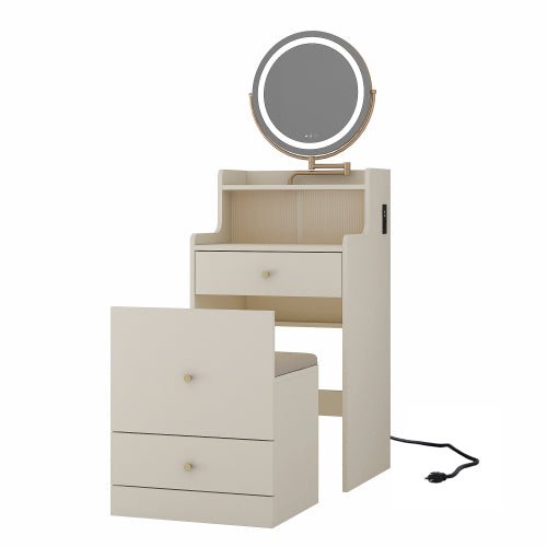 Bellemave® 3 in 1 Vanity Desk with Mirror and Light ,2 drawers and Upholstered Stool ,Charging Station - Bellemave