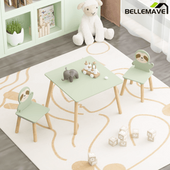 Bellemave® 3 Piece Wood Table & Chair Set for Age 2 - 6 Boy Girl, Wood Activity Tables Drawing Play Table Set w/ 2 Animals Chairs for Nursery, Kindergarten, Age 2 - 6 Boy Girl Home Activity Table Chair 3 - pcs Set - Bellemave