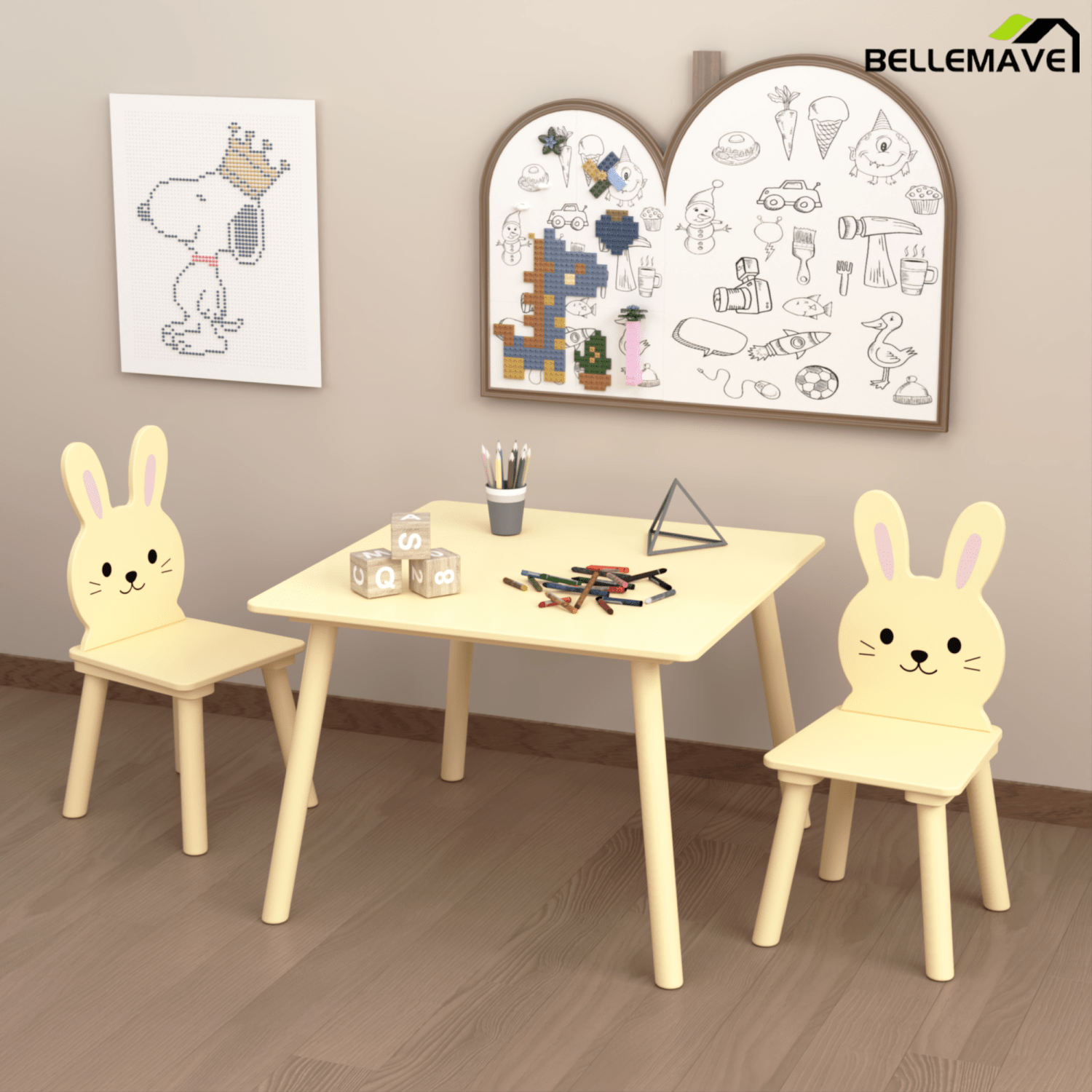 Bellemave® 3 Piece Wood Table & Chair Set for Age 2 - 6 Boy Girl, Wood Activity Tables Drawing Play Table Set w/ 2 Animals Chairs for Nursery, Kindergarten, Age 2 - 6 Boy Girl Home Activity Table Chair 3 - pcs Set - Bellemave