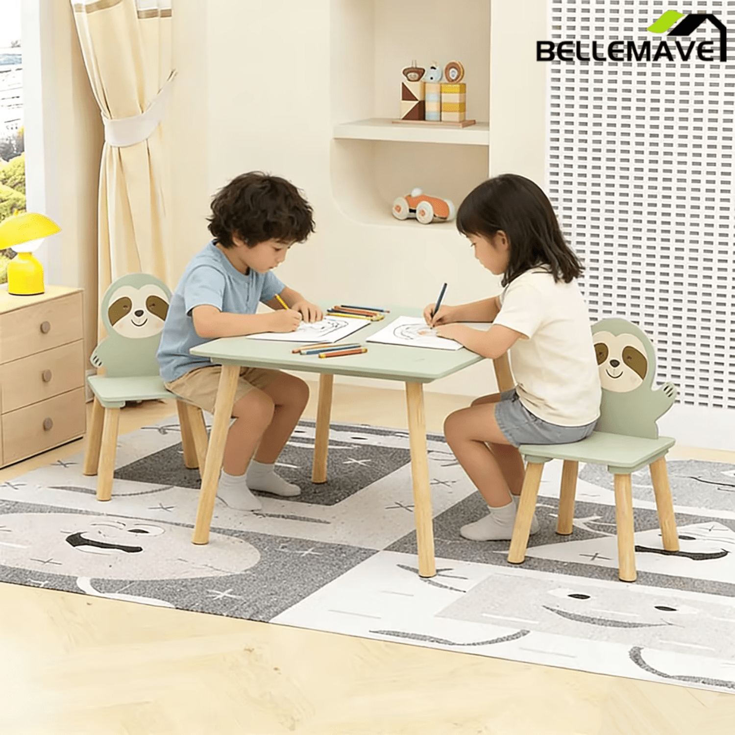 Bellemave® 3 Piece Wood Table & Chair Set for Age 2 - 6 Boy Girl, Wood Activity Tables Drawing Play Table Set w/ 2 Animals Chairs for Nursery, Kindergarten, Age 2 - 6 Boy Girl Home Activity Table Chair 3 - pcs Set - Bellemave