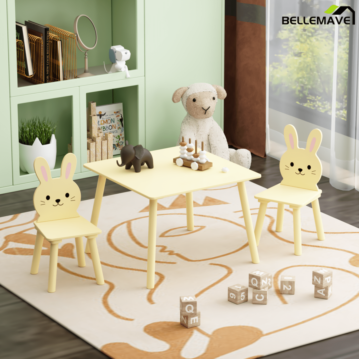 Bellemave® 3 Piece Wood Table & Chair Set for Age 2 - 6 Boy Girl, Wood Activity Tables Drawing Play Table Set w/ 2 Animals Chairs for Nursery, Kindergarten, Age 2 - 6 Boy Girl Home Activity Table Chair 3 - pcs Set - Bellemave